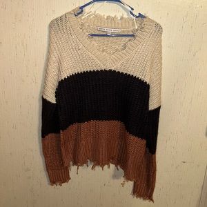 White, tan/brown, black cardigan